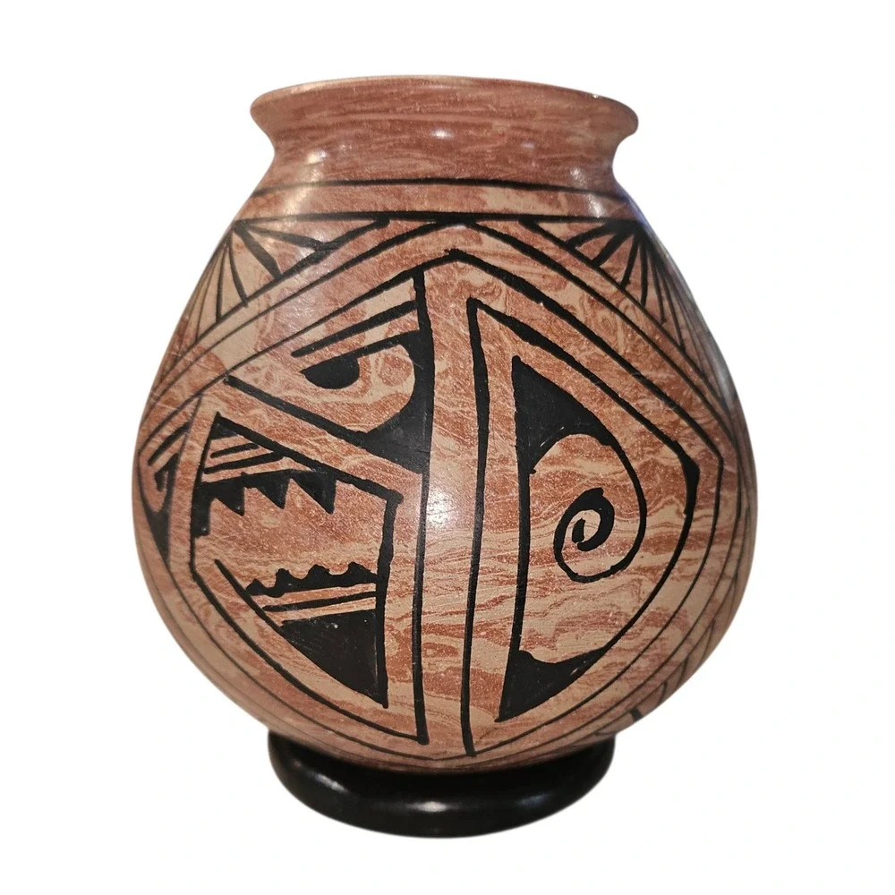 Handmade Marbled Terracotta Pottery Vase Southwest Geometric Design with Stand